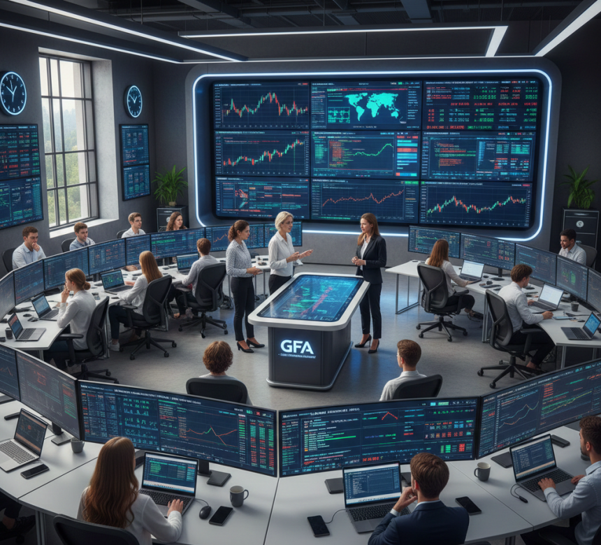 Students learning stock, forex, and cryptocurrency trading with laptops and instructor guidance at AI Computer Classes Indore